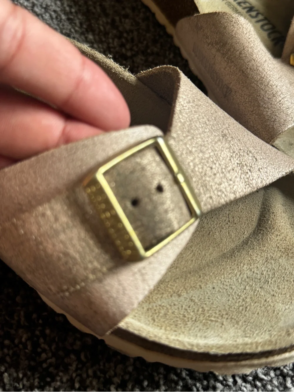 Birkenstock Beige Suede Single Strap Slide with Gold Buckle